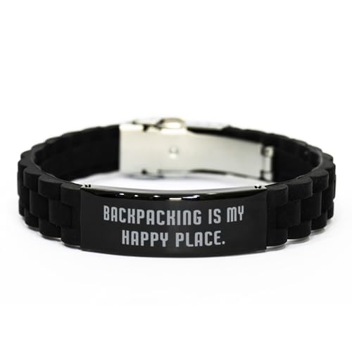 Unique Backpacking Black Glidelock Clasp Bracelet, Backpacking is My Happy Place, Present For Friends, Cute Gifts From Friends, Love