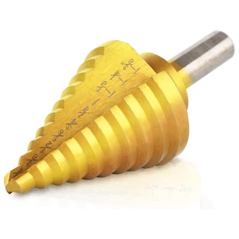 amoolo Titanium Step Drill Bit (10 Step), 1/4" to 1-3/8", High Speed Steel (HSS) 1/4" Hex Shank Unibit for Soft Metal Sheet, Wood, Plastic, Multiple Hole Drilling Cone Drill Bit Cover