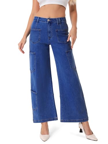 ONESO Wide Leg Jeans for Women Dark Blue Trendy Mid Waisted Baggy
