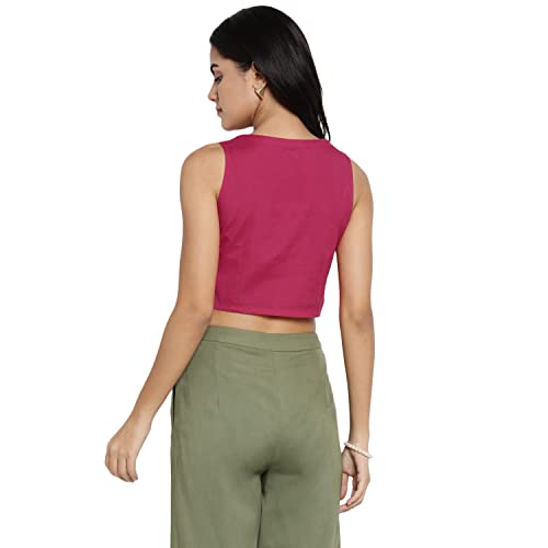 Image of DEEBACO Women's Regular Fit Cotton Pintuck Round Neck Solid Crop Top for Women Stylish Sleeveless One Piece Casual Girl Tops (White, Pink, Mustard)