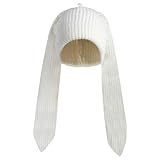 Geyanuo Bunny Ear Hat Cute Y2k Beanie Knit Funny Rabbit Beanie Warm Winter Hat for Women Halloween Hats White