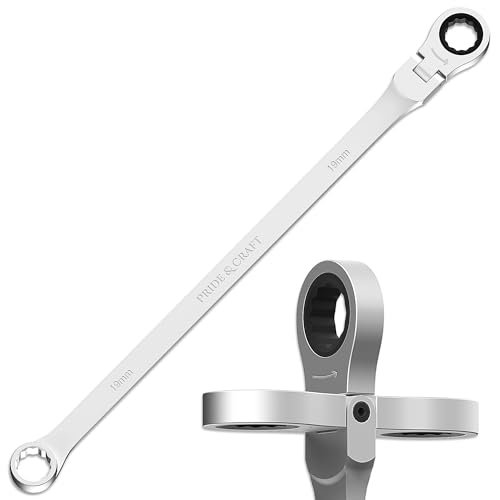 Image of PRIDE&CRAFT Extra Long Ratcheting Wrench 19mm, Metric Flex Head Double Box End, 2X Longer Wrenches, Chrome Vanadium Steel with 90-Tooth Ratchet for Automotive Repair