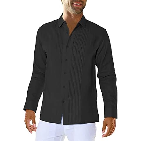 Fommykin Men's Long Sleeve Cotton Linen Shirt Cuban Guayabera Shirts Casual Summer Beach Button Down Shirts, Black, XL Cover