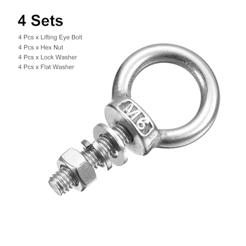 Image of uxcell Lifting Eye Bolt, 4 Sets M6 x 20mm Eye Bolt with Nut Washer 304 Stainless Steel Shoulder Lifting Ring Eye Bolt for Hanging Item