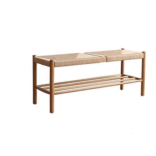 RENEESME Foot Stool for Bed White Oak Bed End Stool Solid Wood Rope Woven Shoe Stool Simple Dining Table Log Bench Combination Porch Stool Bed Step Stools for High Beds