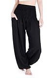 Lannaclothesdesign Women's Smocked Waist Boho Flowy Yoga Harem Pants Hippie Clothes (XL, Black)