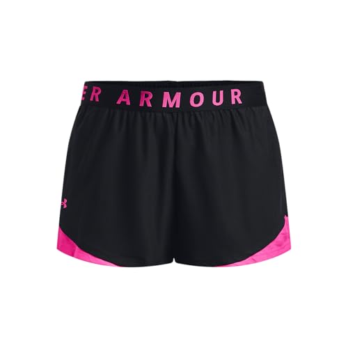Under Armour UA Play Up Shorts 3.0 Pantalones cortos de mujer, pantalones cortos deportivos con bajo redondeado, color negro/rosa fantasía/rosa fantasía