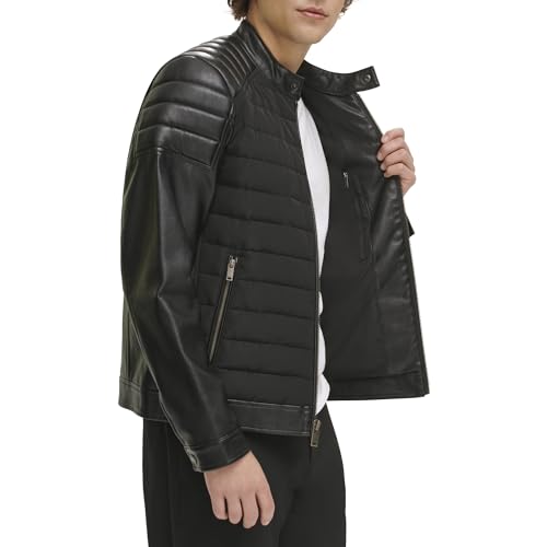 DKNY Men's Mixed Media Faux Leather Puffer Motocros Racer Jacket3