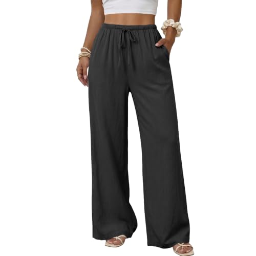 Duyang Womens Cotton Linen Palazzo Pants Drawstring Elastic Waist Casual Wide Leg Trousers with...
