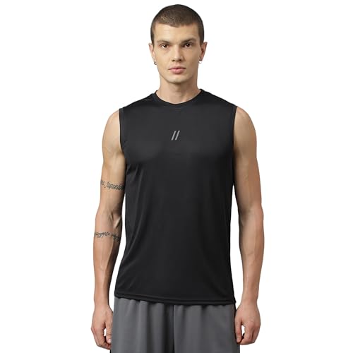 ATICX Men's Polyester Sports Sleeveless T Shirt - Gym Vest, Workout Sando, Training Tank Top, Cut Sleeves Quick Dry Tee for Running, Swimming, Badminton, Fitness & Sports, Brilliant Black, XL