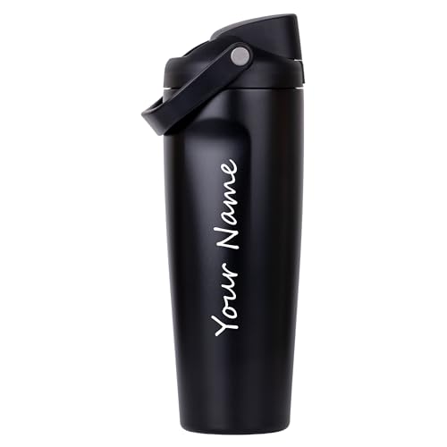 Image of Personalised with Your Name, 1200ml Tumbler with Straw - Handle - Stainless Steel Double Wall Insulated Cup | Leakproof Sipper Mug for Hot - Cold Drinks | Coffee - Water Tumbler (O Black)