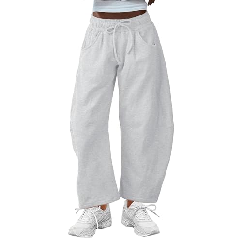 Omoone Damen-Barrel-Sweathose aus Baumwolle lockere Passform Lounge-Hose elastische Taille weite Bein-Hose mit Taschen weiß S-3XL