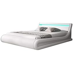 Canapé Abatible Polipiel 150 X 190 MB Muebles Bonitos | Cama Canapé Abatible de Matrimonio para Colchón de 150x190cm | Cama Moderna Parisina | con Somier de Láminas | Diseño Italiano con LED Multicolor RGB | Color Blanco