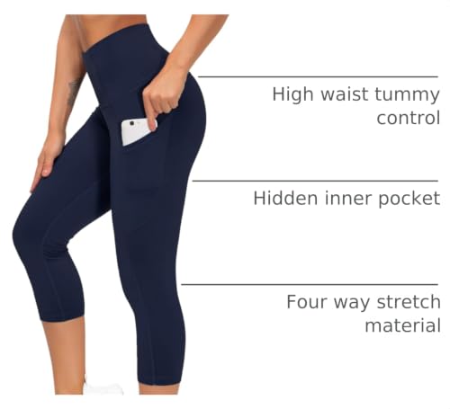 Image of THE GYM PEOPLE Thick High Waist Capris Yoga Pants with Pockets, Tummy Control Workout Running Yoga Leggings for Women