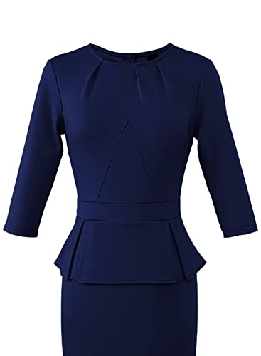 Image of VFSHOW Womens Pleated Crew Neck Peplum Slim Work Business Dress Elegant 3 /4 Sleeves Office Church Bodycon Pencil Sheath Dress
