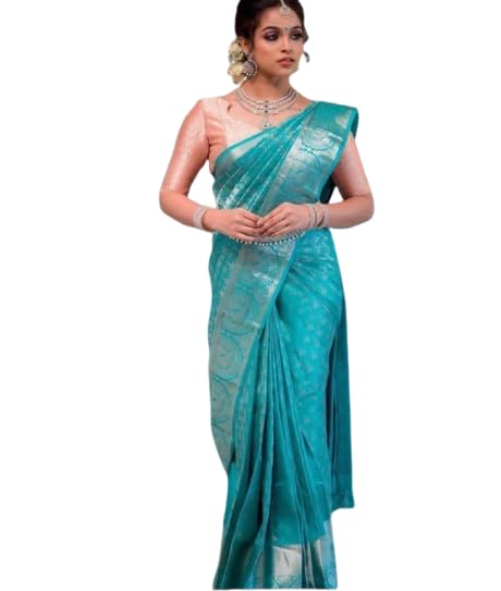 Banarasi Silk Saree, Turquoise Blue, Traditional Indian Wear-image-15
