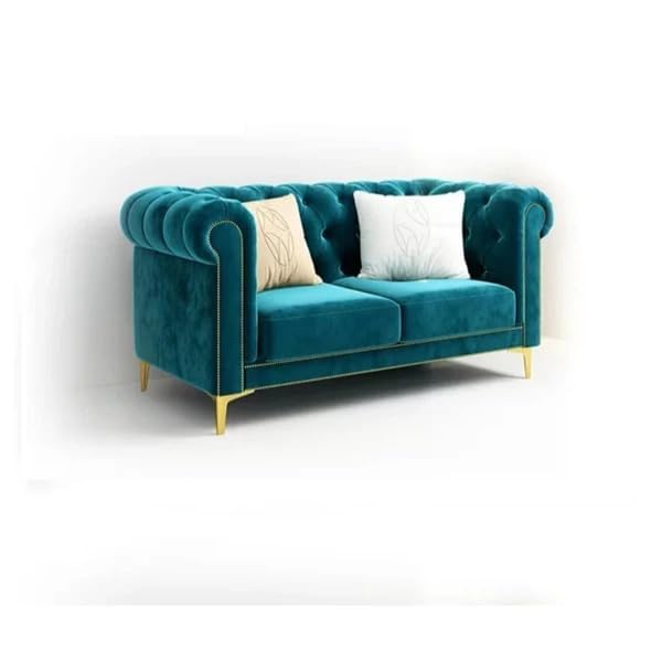 Image of Modern Classic 2 Seater Velvet Button Tufted Footrest Chesterfield Sofa for Living Room and Office (Pillows 2Included) (Teal Green 2 Seater)