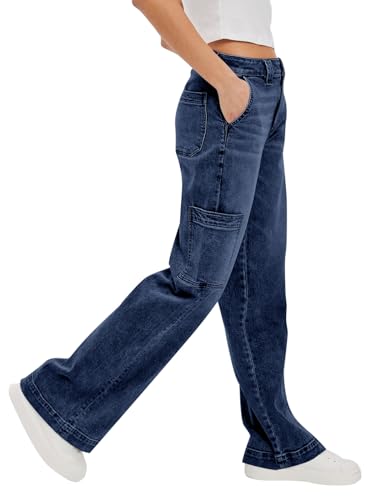 PLNOTME Women's Cargo Jeans Baggy High Waisted Wide Leg Casual Denim Pants with Pockets3