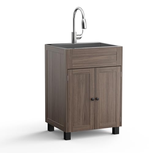 Image of VINGLI 24-Inch Laundry Sink with Cabinet and Pull-Out Sprayer Faucet, Stainless Steel Utility Sink with Cabinet and Drawer Combo, Cabinet with Sink for Laundry & Utility Room, Kitchen, Bathroom, Brown