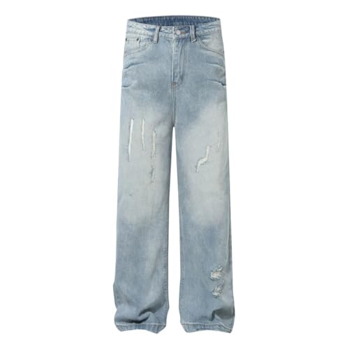 Men's Ripped Denim Straight Pants, Retro Streetwear, Distressed Baggy Wide Leg Jeans