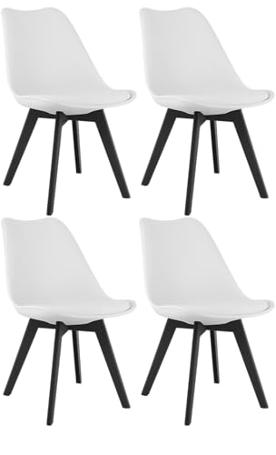 NMK HOME Lot de 4 chaises de Salle à Manger Blanches – Chaises en Plastique avec Coussin en Similicuir et Pieds Noirs en polypropylène, Forme élégante et...