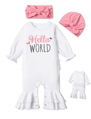 Image of AGAPENG Newborn Girl Clothes Ruffle Letter Print Romper Infant Bell Bottom Jumpsuit Boho Baby Girl Clothes with Headband Hat