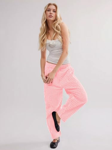 Image of YKR Plaid Pants for Women Gingham Lounge Wide Leg Low Waist Pajama Pants Elastic Waist Trousers with Pocket