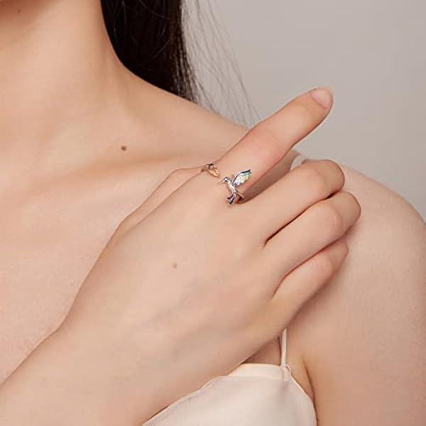 S925 Sterling Silver Hummingbird Open Statement Ringen Green Crystal CZ Leaf Verstelbare Expandable Eternity Promise Engagement Ring