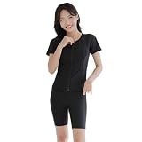 [RAVIR] 【ラヴィール】フィットネス 水着 レディース 体型カバー 2点セット トップス バイカラー フロントフルジップ 半袖 ハイウエスト めくれ防止ボタン パンツ セパレート ブラック Sサイズ
