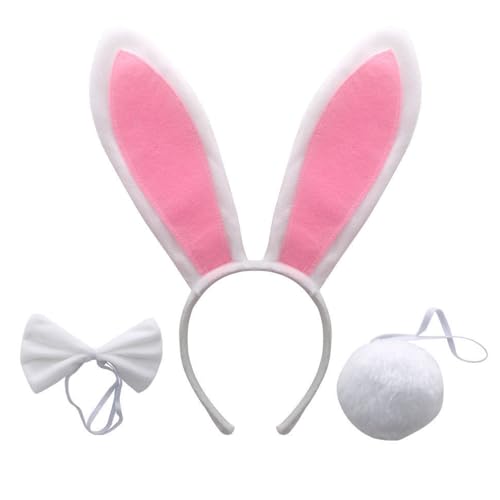 ZSPERKLA Easter Bunny Ears Headband Set White and Pink Rabbit Ears Headband Bowtie and Tail Halloween Cosplay Costume Accessories