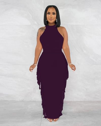 Image of 2 Piece Outfits for Women Sexy Halter Neck Sleeveless Crop Tops Ruched Bodycon Dresses Jumpsuits Fringe Skirt Sets