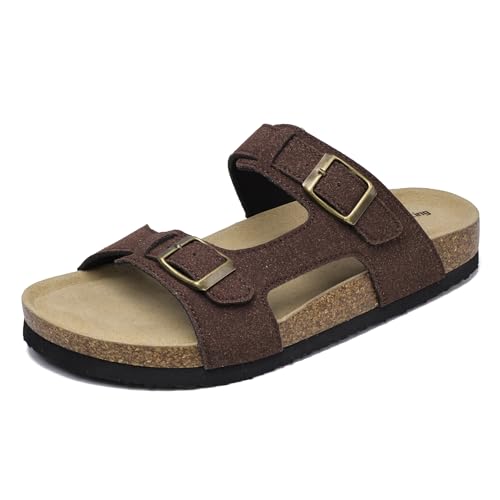 Merking Mujer Sandalias de Corcho Verano Mules Plana Hebilla Sandalias de Pala Cómodo de Ante Pantuflas XZ7623-ReddishBrown-EU40
