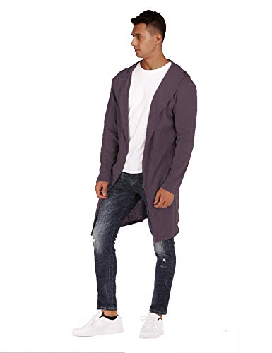 RAGEMALL Mens Long Cardigan Open Front Draped Lightweight Hooded Sweater with Pockets Burgundy_S3