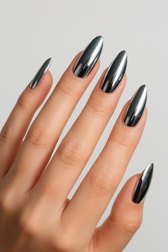Image of 24 Pcs Reusable Artificial Nails Fake Nails with Glue and Kit|Liquid Silver Ultra Gloss Press On Nails | ABS Material UV Protected Long Lasting Finish |Medium Almond Nails with Glue (Silver - Stiletto)