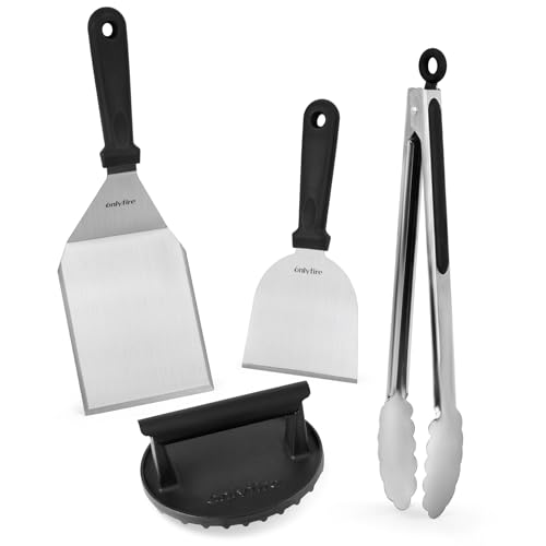 onlyfire Kits de Utensilios Profesionales para Barbacoas, Smash Burger de Hierro Fundido, Espátula para Plancha, Raspadora y Pinzas de Cocina, Kit Barbacoa para Asar y Cocinar Al Aire Libre