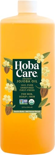 HobaCare Unrefined Organic Jojoba Oil for Skin Care, Hair, Beard, Scalp Massage - 100% Pure Carrier Oil for Perfume or Soap Making - Natural, Vegan, Cruelty-Free, Hexane-Free, Long Shelf Life (32 oz)