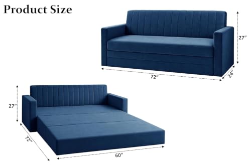 Image of Modern Velvet 3-Seater Sofa Cum Bed with Armrest, Convertible Sleeper Couch Sofa for Living Room, Bedroom & Office - Blue Color