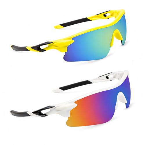 Image of Oversized Sports Goggles for Men & Women UV400 Protection Non Polarized Cycling Running Cricket Driving Fishing Outdoor Lightweight Wraparound Design Clear Vision Eyewear. (Yellow + White)