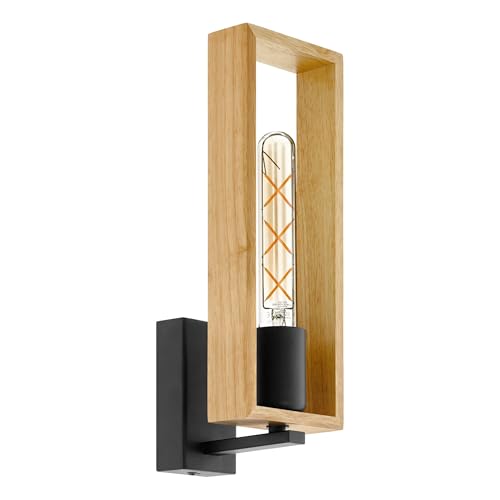 Eglo Lampe murale LITTLETON, applique murale vintage à flamme au design industriel, lampe rétro en acier et en bois, noir, marron, certifié FSC, douille E27