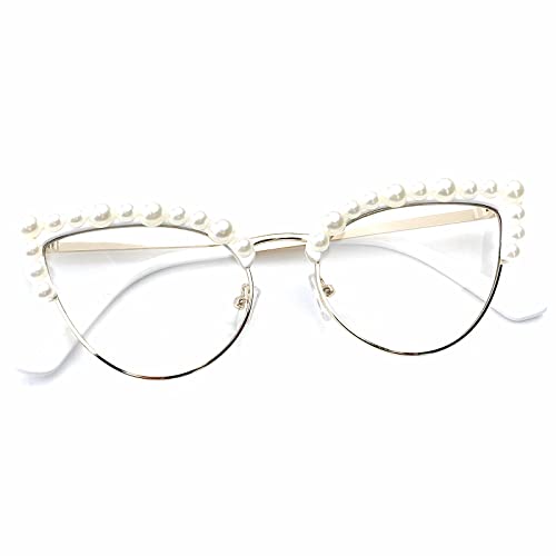 Image of Cat Eye Pearl Blue Light Blocking Glasses for Women Oversize Fashion Diamond bling bling Eyewear