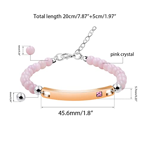 Pink Crystal Beads Personalized Name Identity Bracelets For Women With Pink Cubic Zirconia, Rose Gold Color Custom Engraving Name Id Plate Bracelets For Girls Y2590 #TOP6
