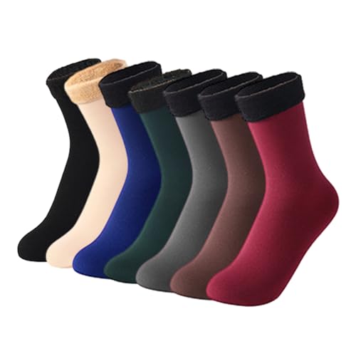 7 Paar Thermosocken, Damen-Thermosocken, flauschige Bodensocken, verdickte Schneesocken in der Mitte der Wade, bequeme, atmungsaktive und niedliche einfarbige Strümpfe, geeignet für kalte Jahreszeiten