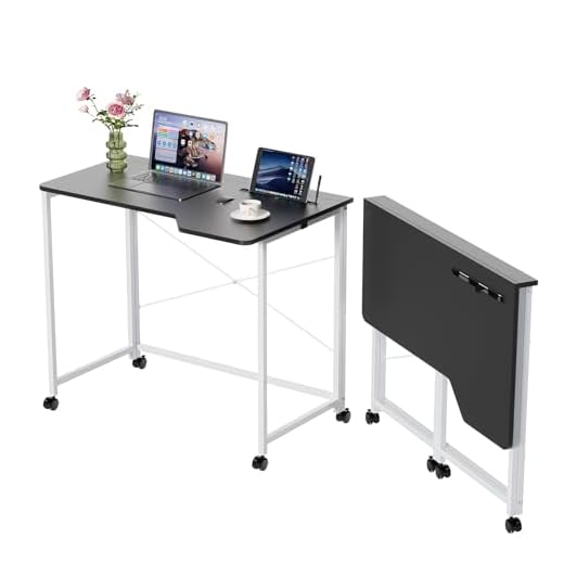 Lvhecforhm Scrivania Pieghevole, Tavolo Scrivania Pieghevole per Computer, Nero Tavolo Pieghevole da Tavolo, Scrivania Ufficio Salvaspazio, Tavolo Richiudibile con Rotelle, Tavolo da Lavoro 90x56x75cm