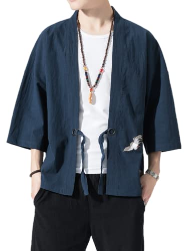 Image of Men's Japanese Kimono Cardigan Loose Cotton Linen 3 /4 Sleeve Open Front Casual Summer Shirt Jackets