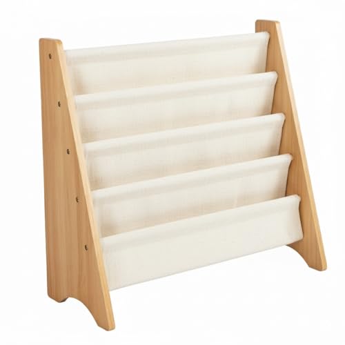Image of Humble Crew 4-Tier Kids Bookshelf, Natural /White - Premium Book Shelf for Kids Rooms with Four Deep Pockets - Toddler Sling Book Rack with Deep Sleeves, Nursery Bookcase Organizer
