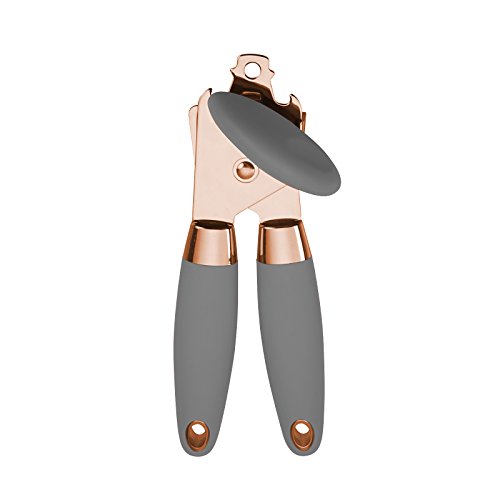 Cook With Color Deluxe Manual Rose Gold Quality Stainless Steel Can Opener With Durable Grey Anti Slip Handles and Large Knob with Built In Bottle Cap Opener (Rose Gold and Gray)