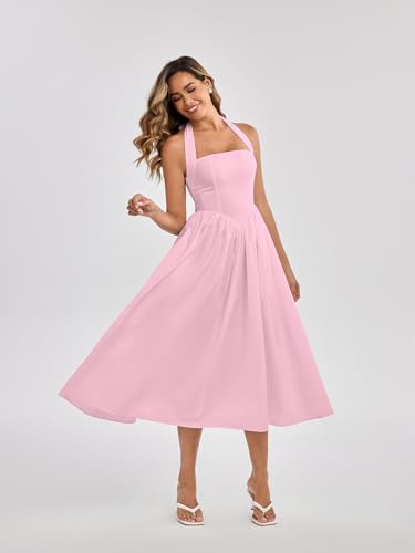 Image of Parthea Women's Floral Halter Corset Midi Dress 2026 Elegant Smocked Flowy Wedding Guest Dresses with Pockets