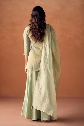 Image of FIORRA Women Pista Green Tissue Blend Hand Embroidered Kurta Set with Dupatta