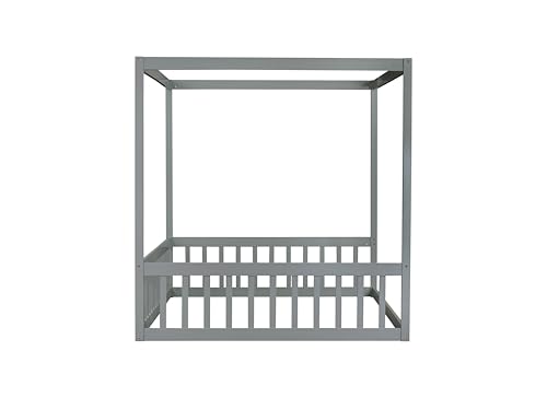Image of Full Size 4-Posters Canopy Bed Frame with Fence Guardrails, Rubber Wood Montessori Floor Platform Bed for Kids Teens Girls Boys, No Box Spring Needed (Grey-02)
