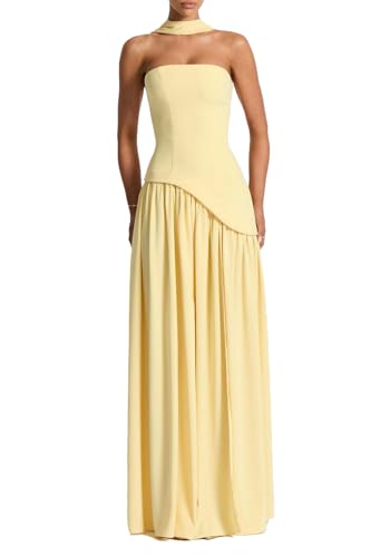 Image of Women's Elegant Strapless Long Dress with Scarf Cocktail Wedding Guest Prom Maxi Dresses with Slit